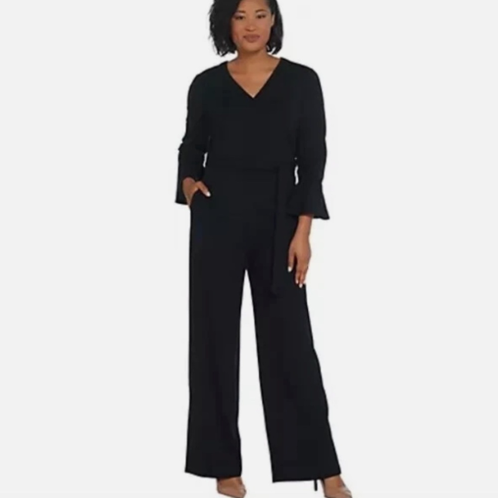 H by Halston Black Classic Belted Ruffle 3/4 Bell Sleeve Preppy Jumpsuit Size M